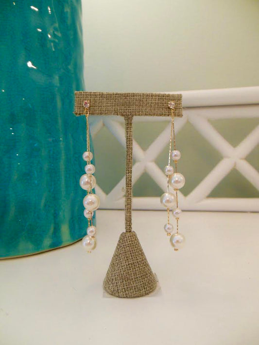 Pearl Drop Earrings w/ Stone Studs