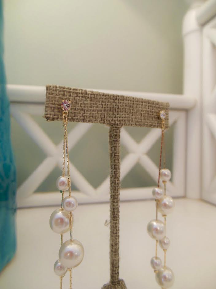 Pearl Drop Earrings w/ Stone Studs