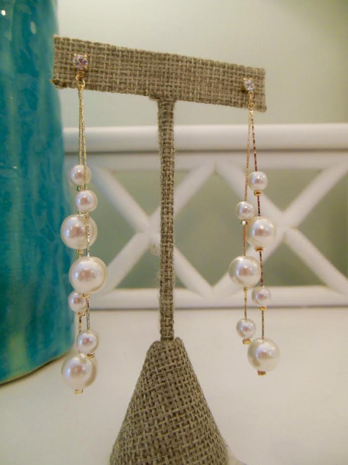 Pearl Drop Earrings w/ Stone Studs