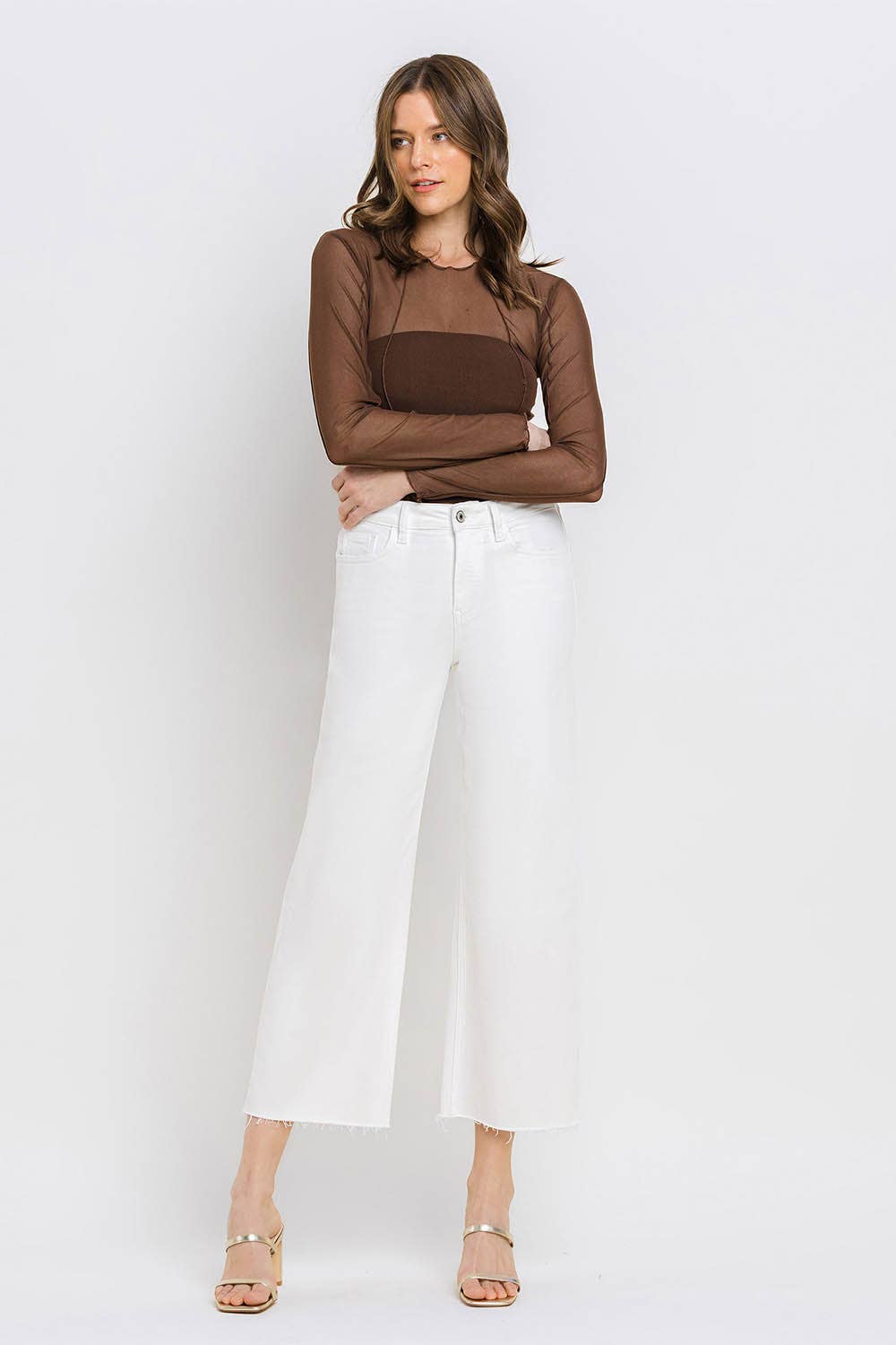 High Rise Clean Cut Raw Hem Crop Wide Leg Jeans