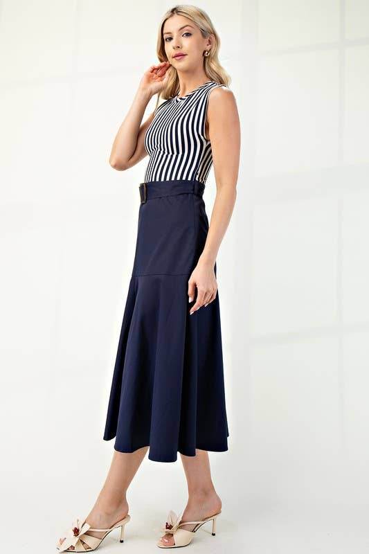 Boat Neck Navy Belted Dress