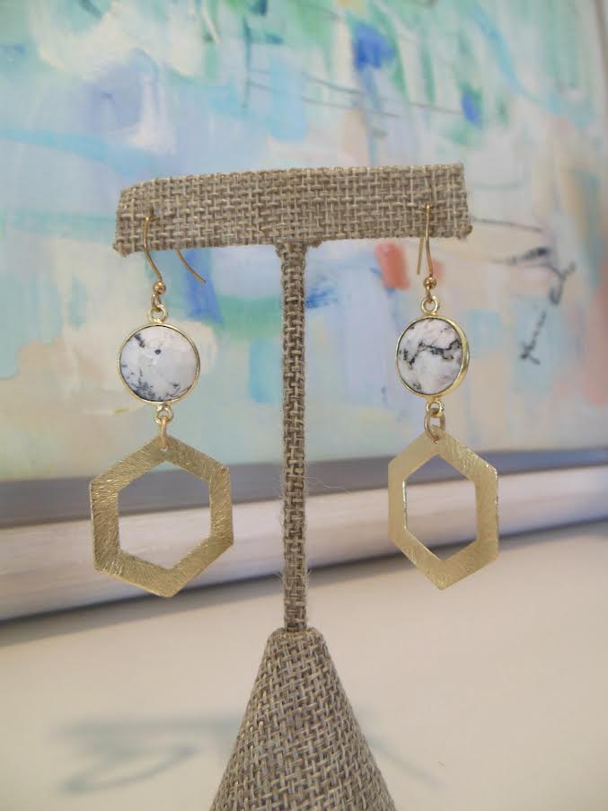 White Marble Gold Drop Hexagon Earrings by LUSH