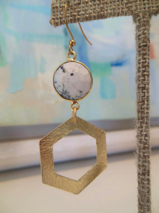 White Marble Gold Drop Hexagon Earrings by LUSH