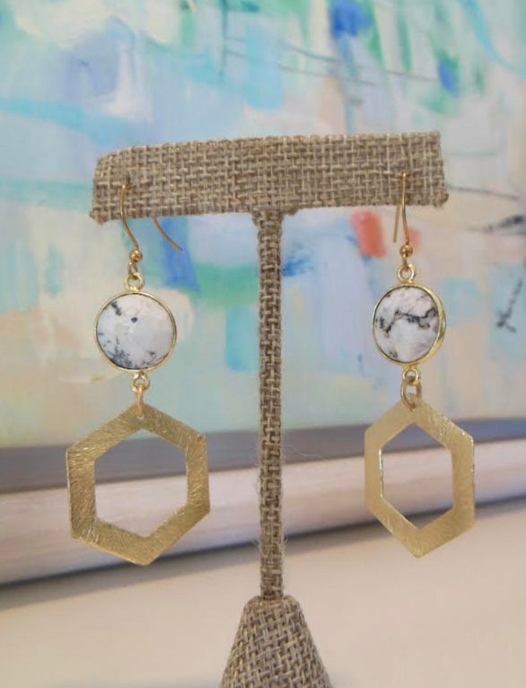 White Marble Gold Drop Hexagon Earrings by LUSH