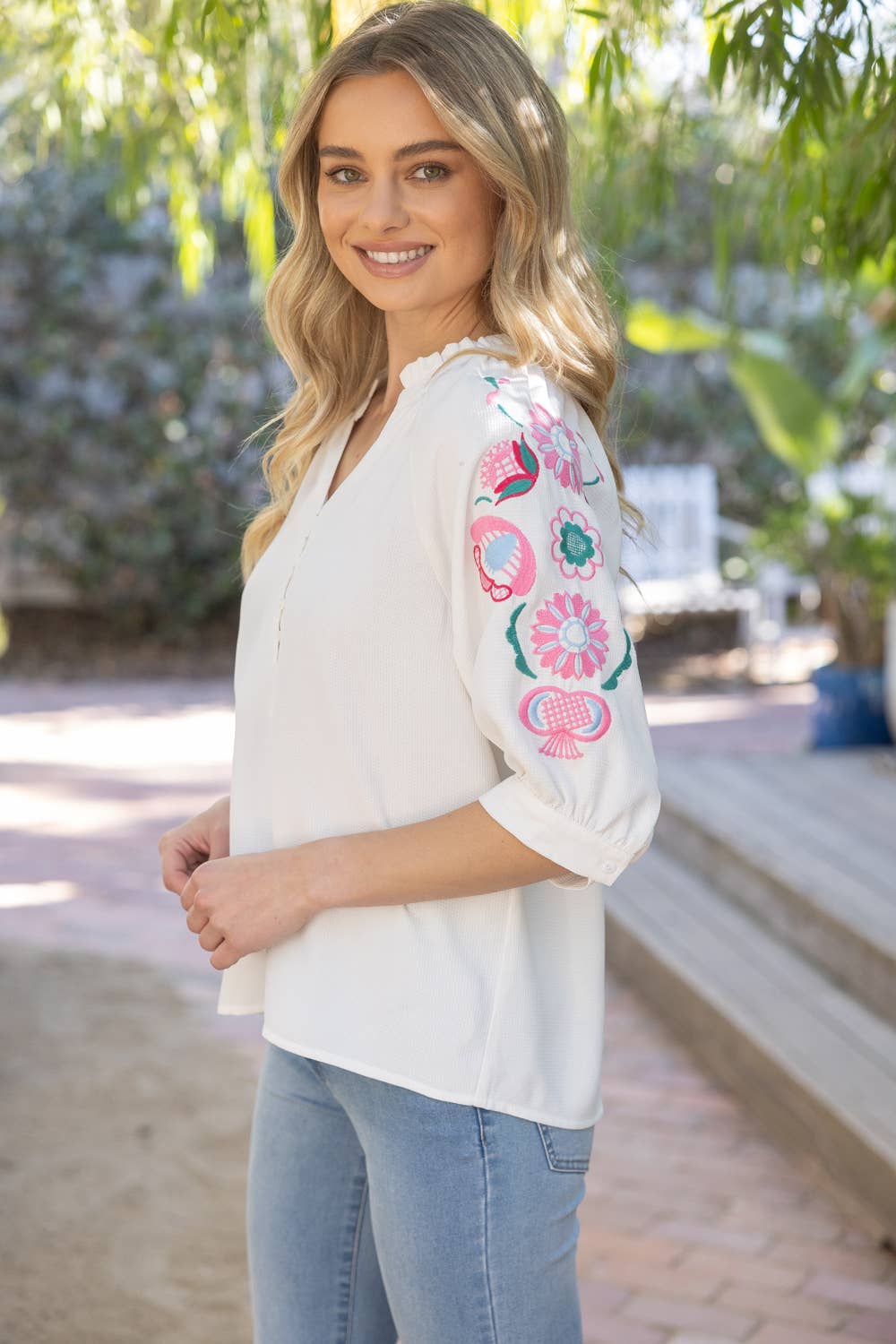 Embroidered Puff Sleeve Waffle Top