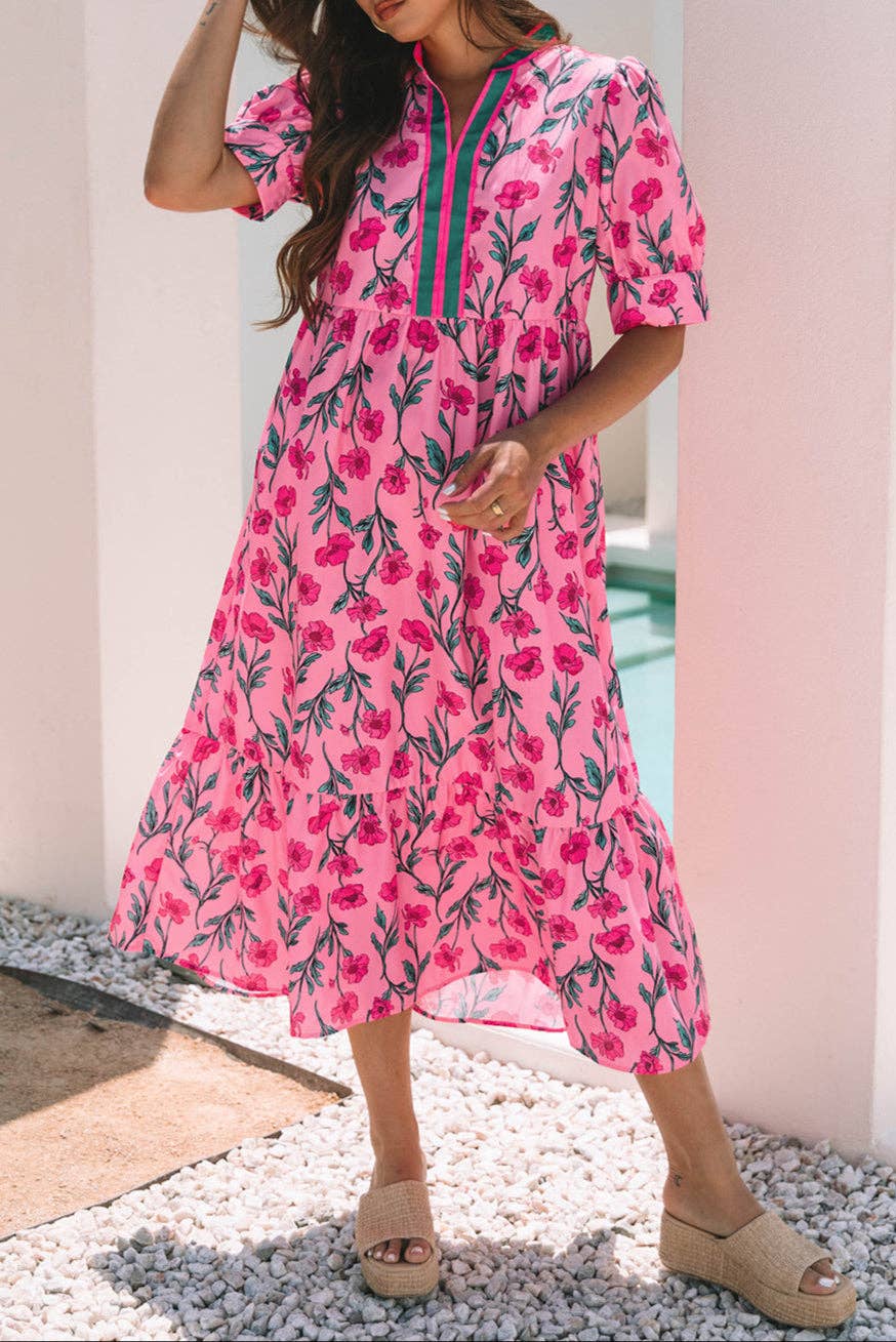 Floral Puff Sleeve Summer Midi Dress