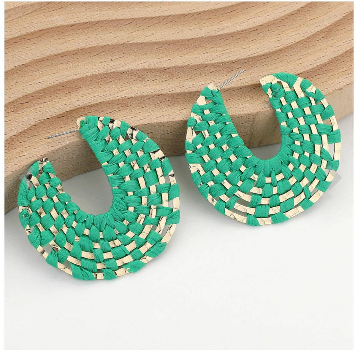 Green + Gold Raffia Wrapped Hoop Earrings | Raffia Hoop