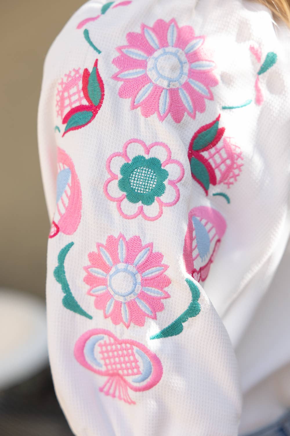 Embroidered Puff Sleeve Waffle Top