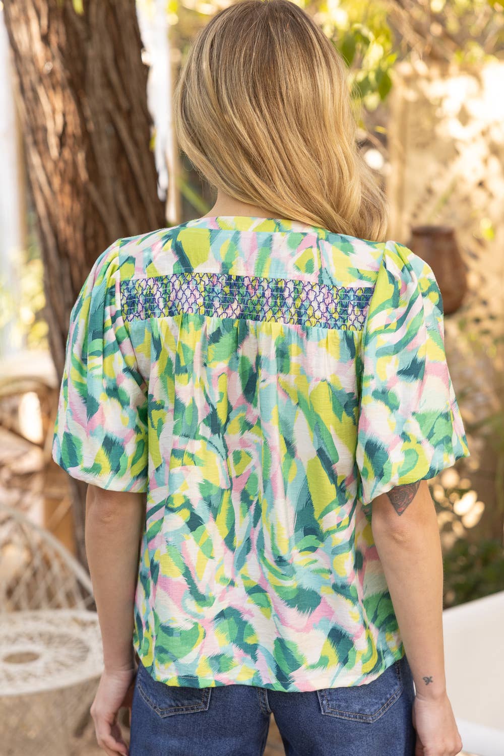 Smocking Accented Yoke Printed Top