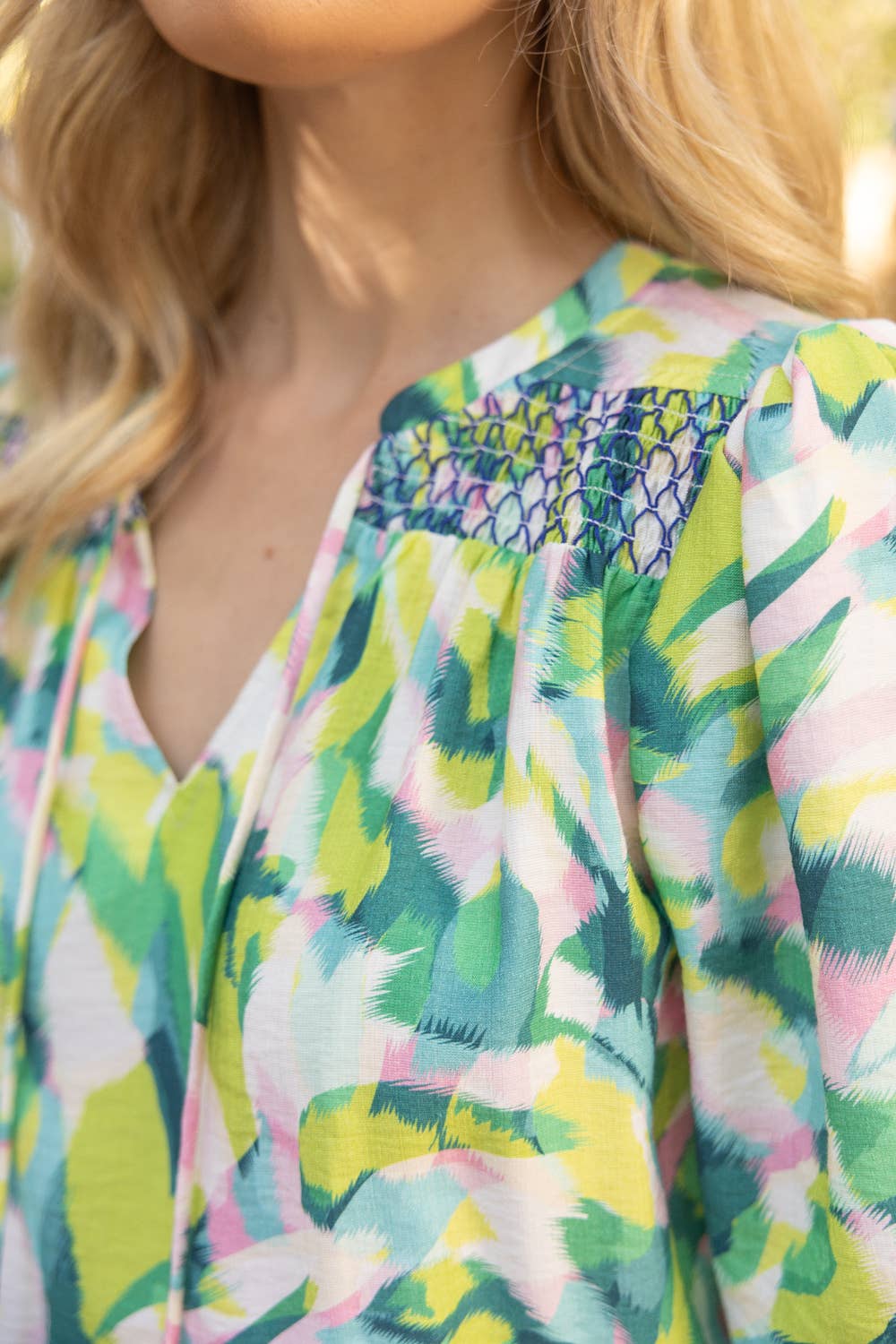 Smocking Accented Yoke Printed Top