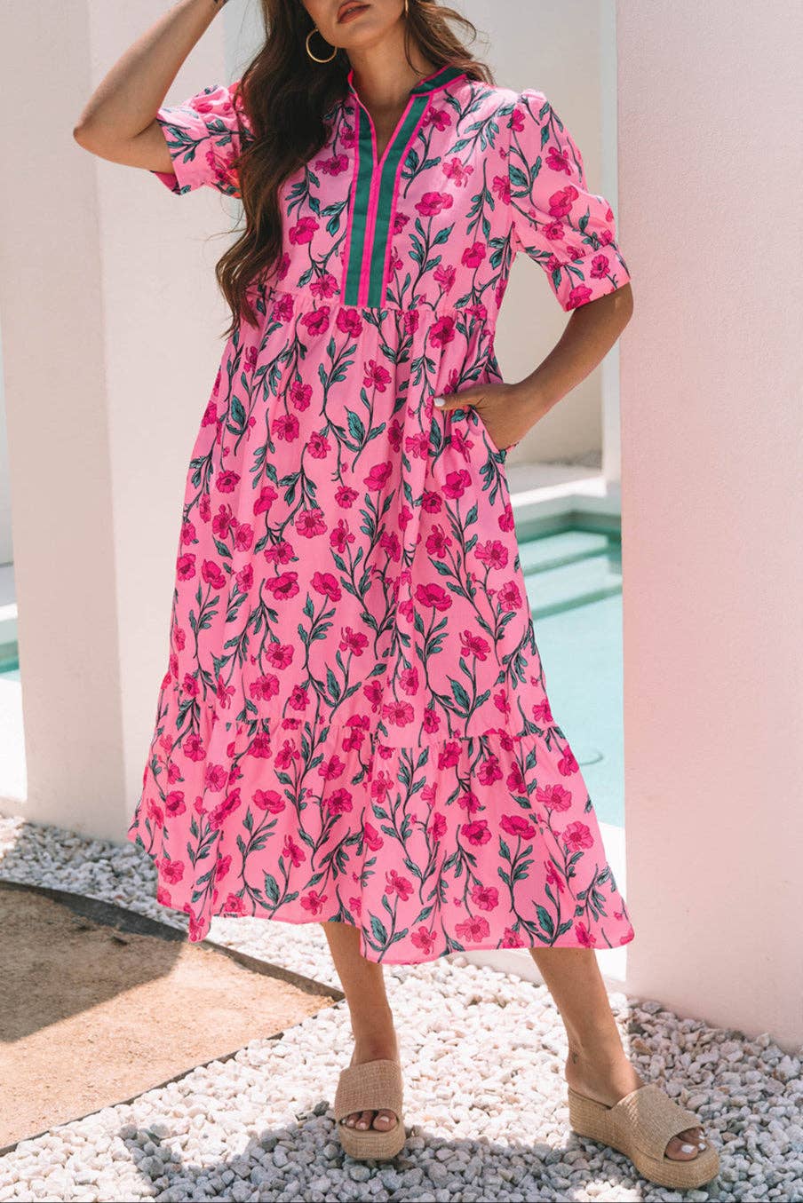 Floral Puff Sleeve Summer Midi Dress