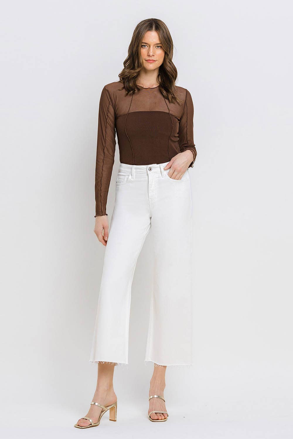 High Rise Clean Cut Raw Hem Crop Wide Leg Jeans