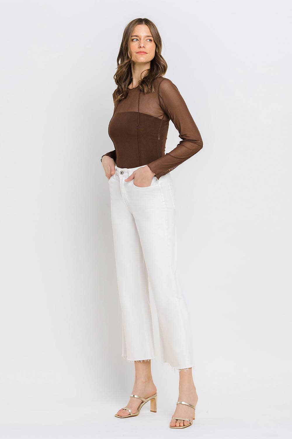 High Rise Clean Cut Raw Hem Crop Wide Leg Jeans