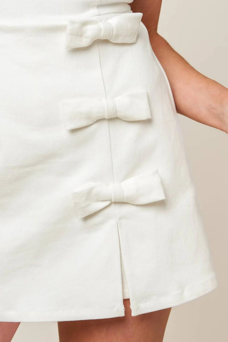 White Bow Denim Romper with Skort