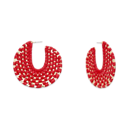 Red + Gold Raffia Wrapped Hoop Earrings | Raffia Hoop