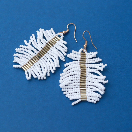 Gold + White Beaded Palm Fringe Earring