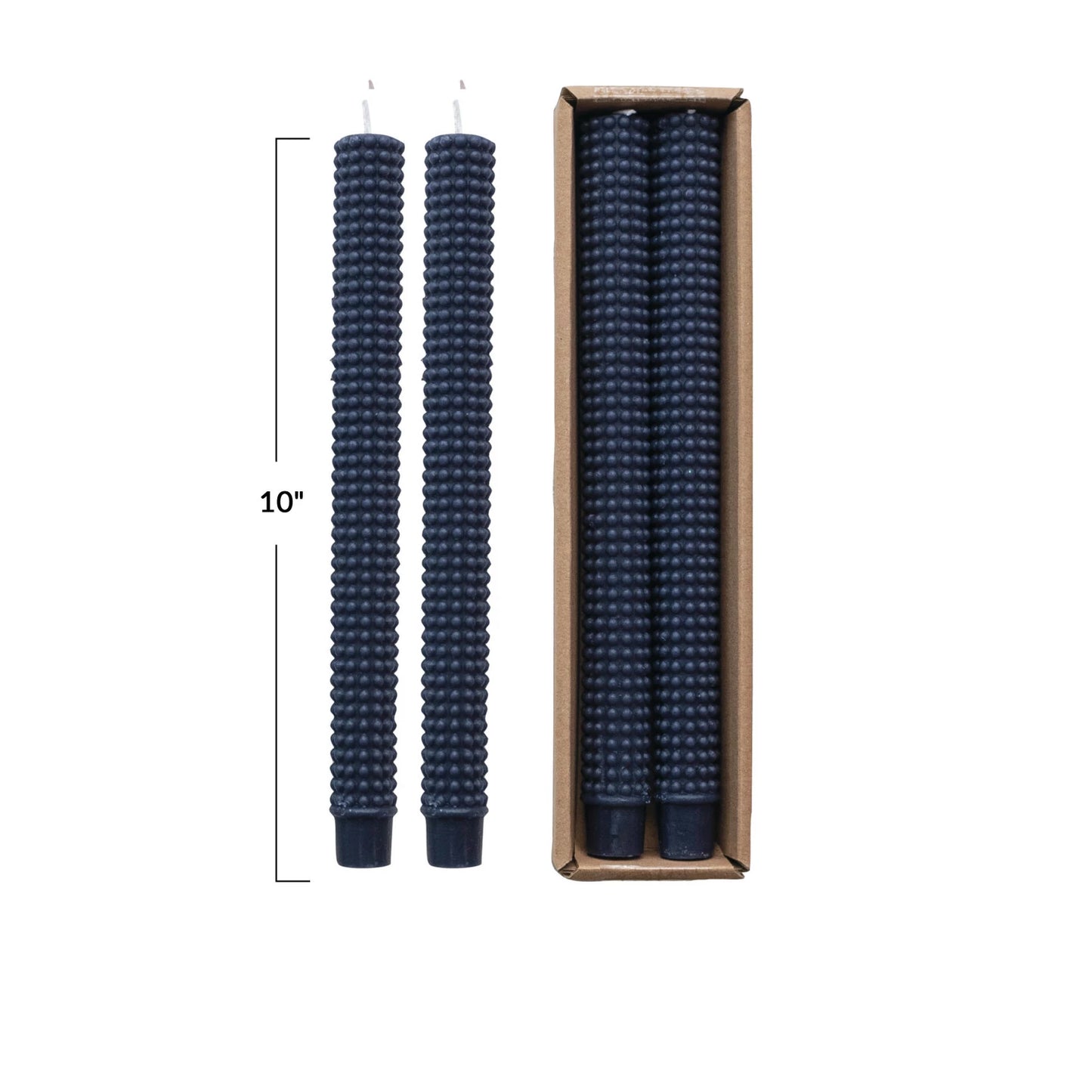 10"H Unscented Hobnail Taper Candles in Box, Navy Color, Set of 2