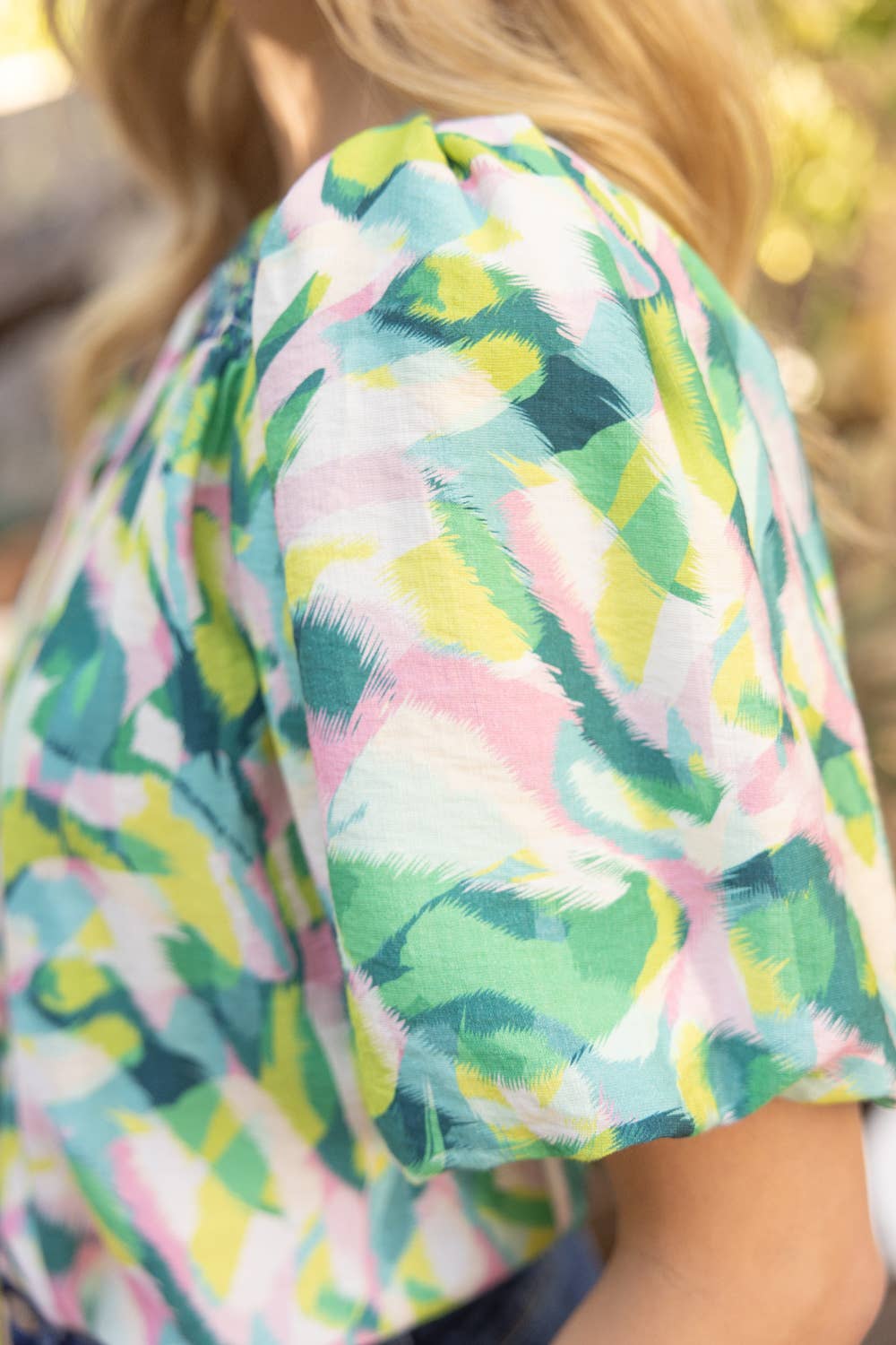 Smocking Accented Yoke Printed Top