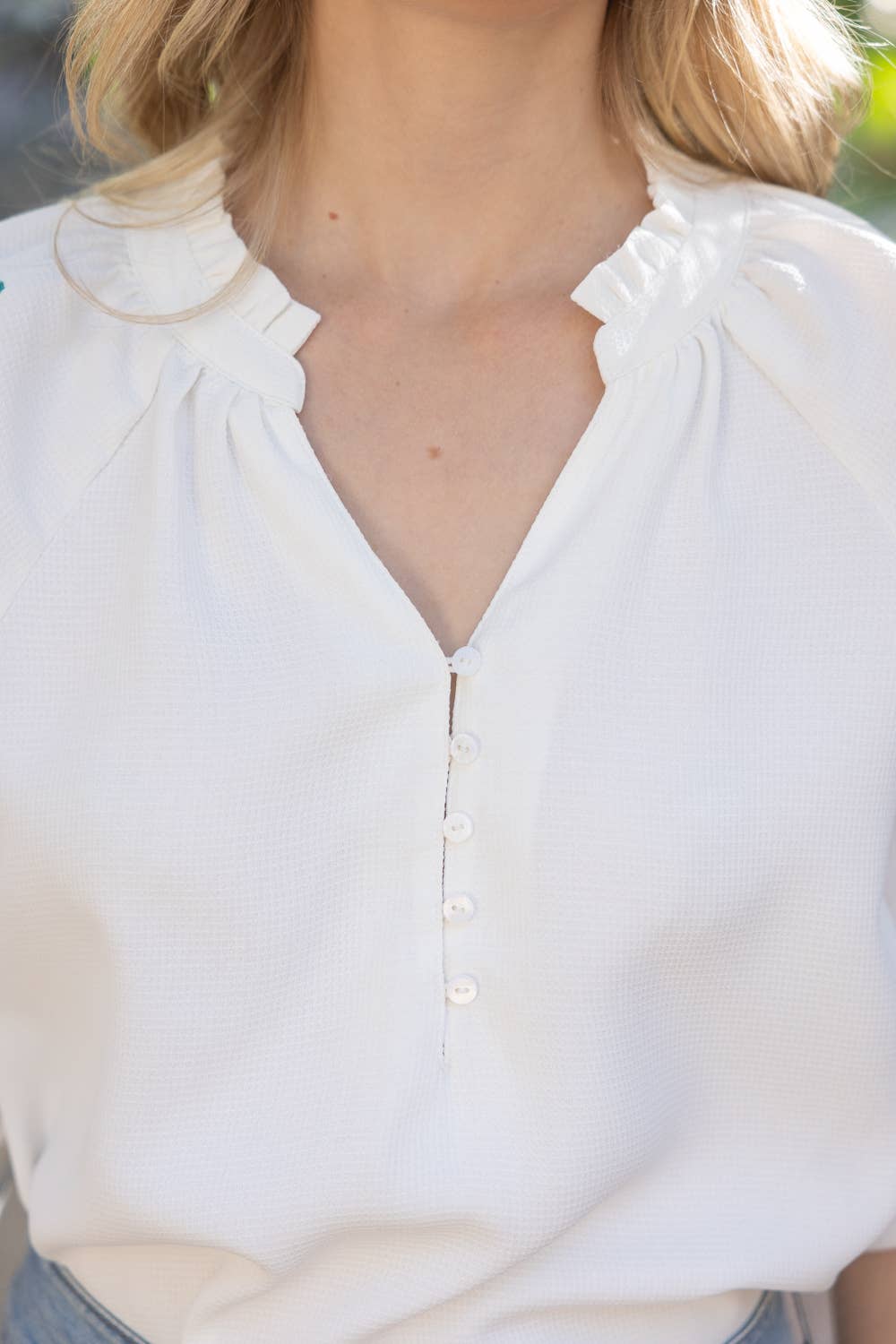 Embroidered Puff Sleeve Waffle Top