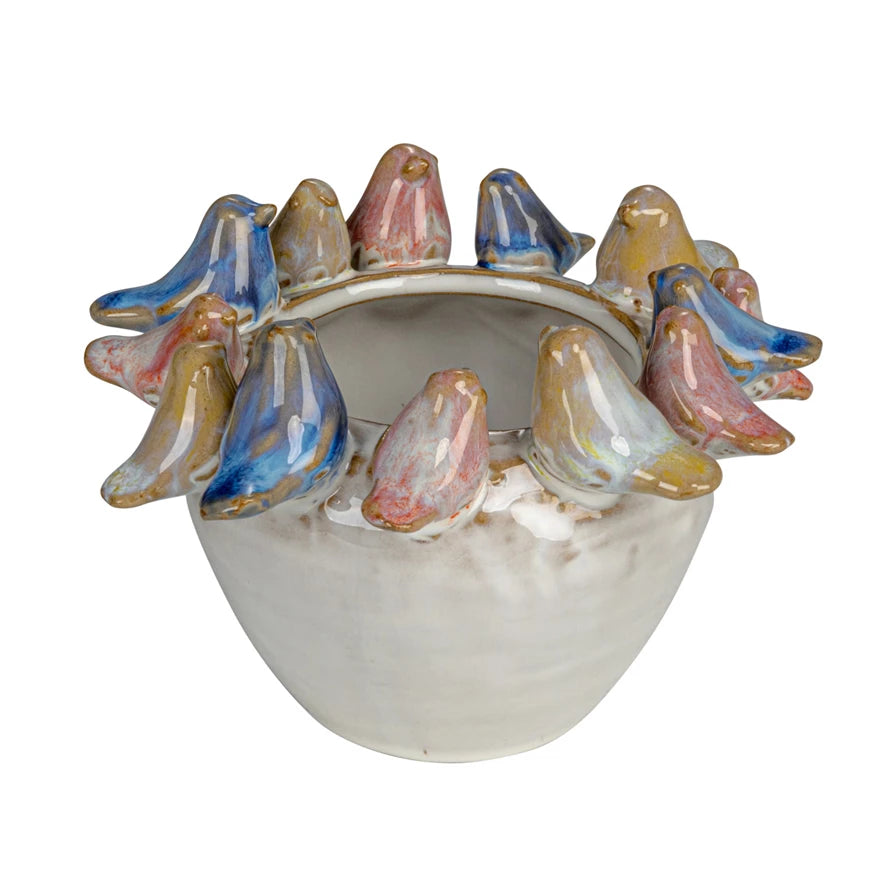 Stoneware Planter w/ 3D Birds on Rim, Reactive Glaze