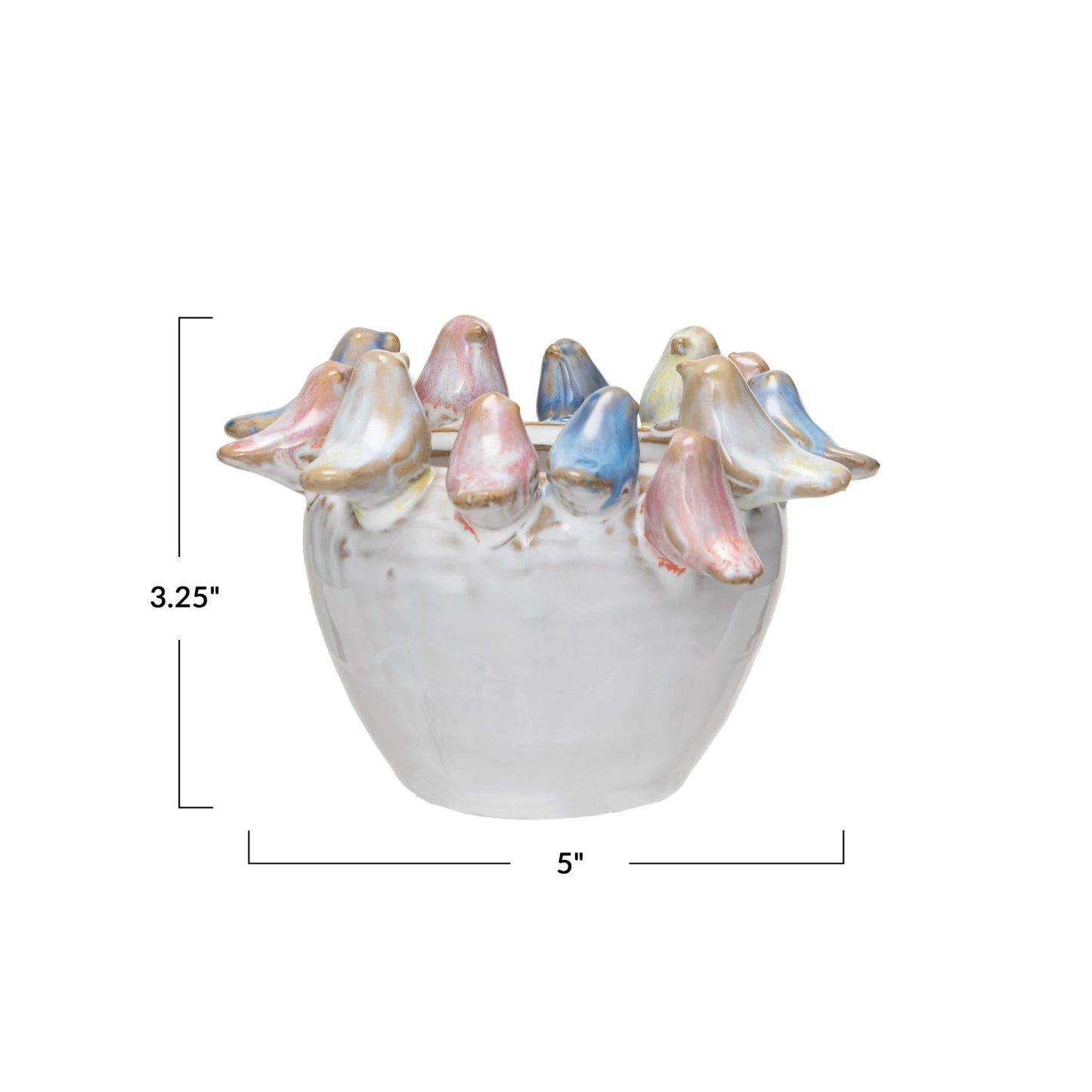 Stoneware Planter w/ 3D Birds on Rim, Reactive Glaze