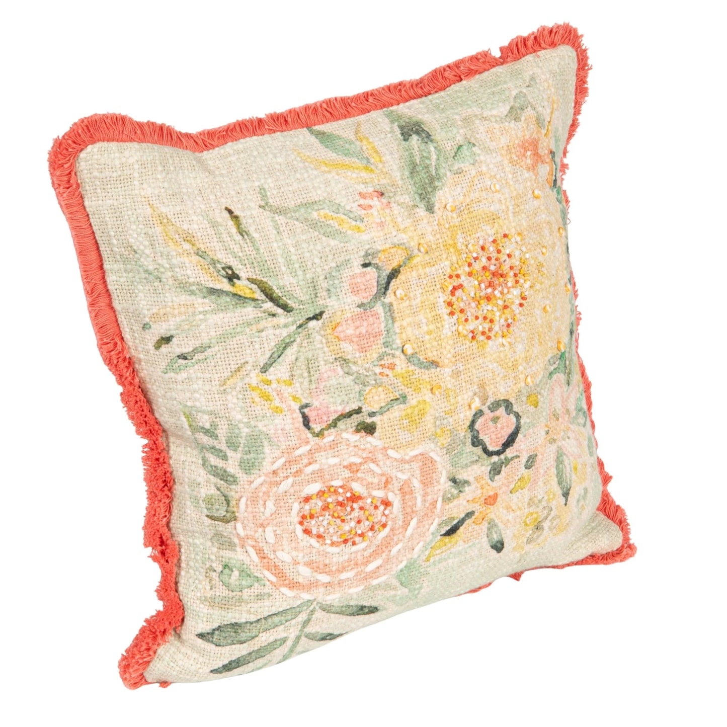 Cotton Slub Pillow with Flowers, Embroidery & Eyelash Fringe