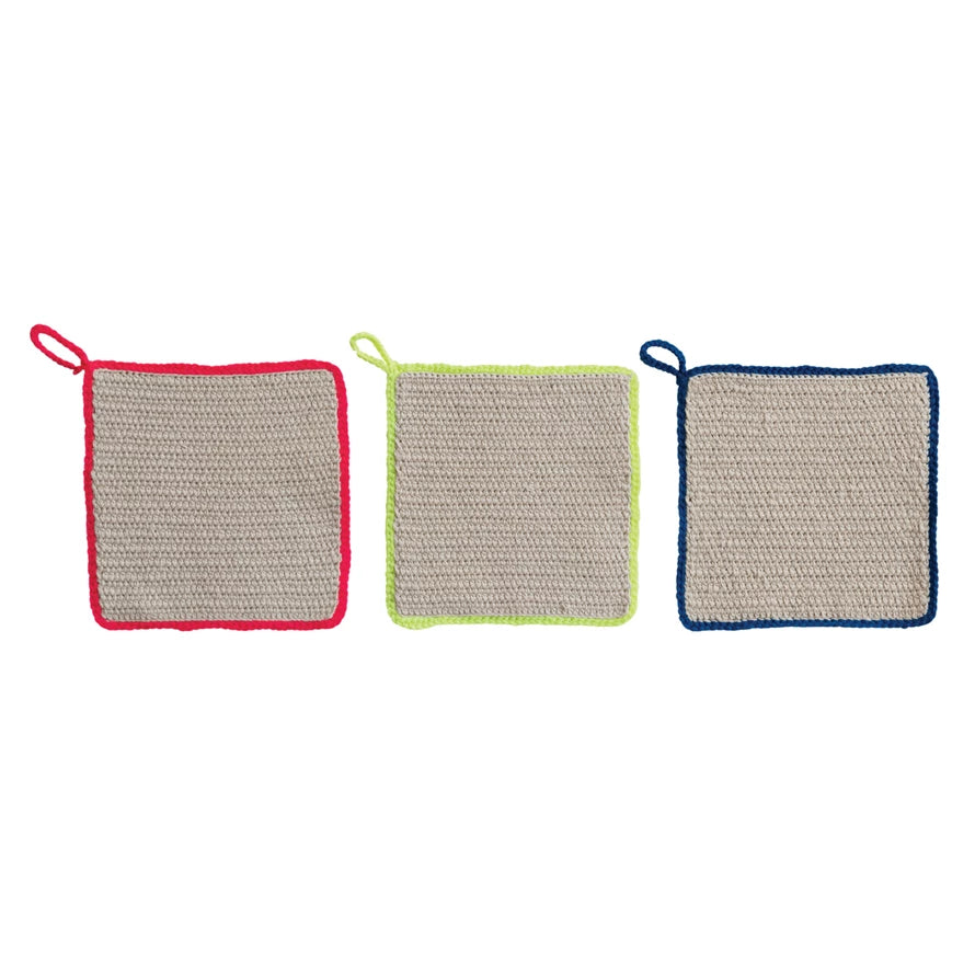 Cotton Crocheted Pot Holder with Neon Trim, 3 Colors