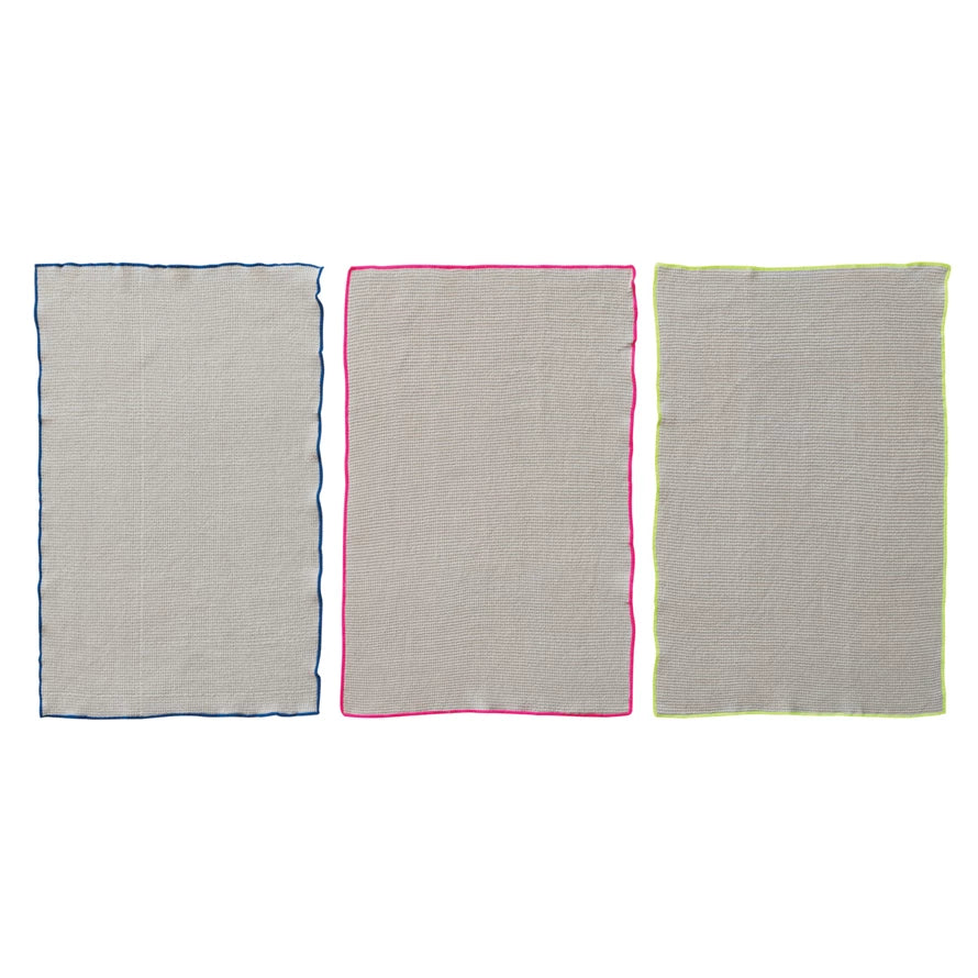 Cotton Blend Waffle Weave Tea Towel with Neon Trim, 3 Colors
