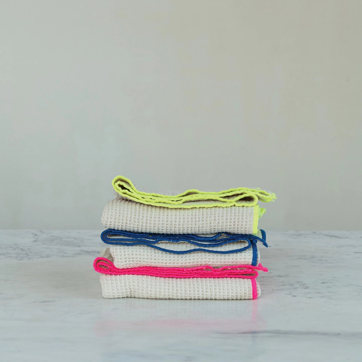 Cotton Blend Waffle Weave Tea Towel with Neon Trim, 3 Colors