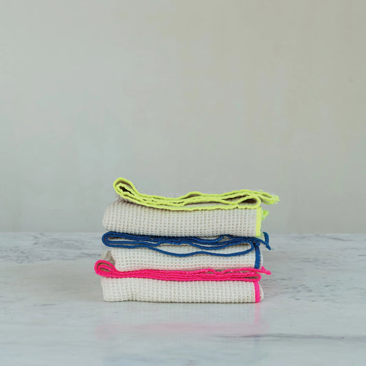 Cotton Blend Waffle Weave Tea Towel with Neon Trim, 3 Colors