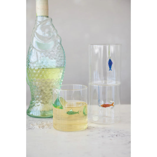 12 oz. Hand-Blown Drinking Glass with Fish On Hook