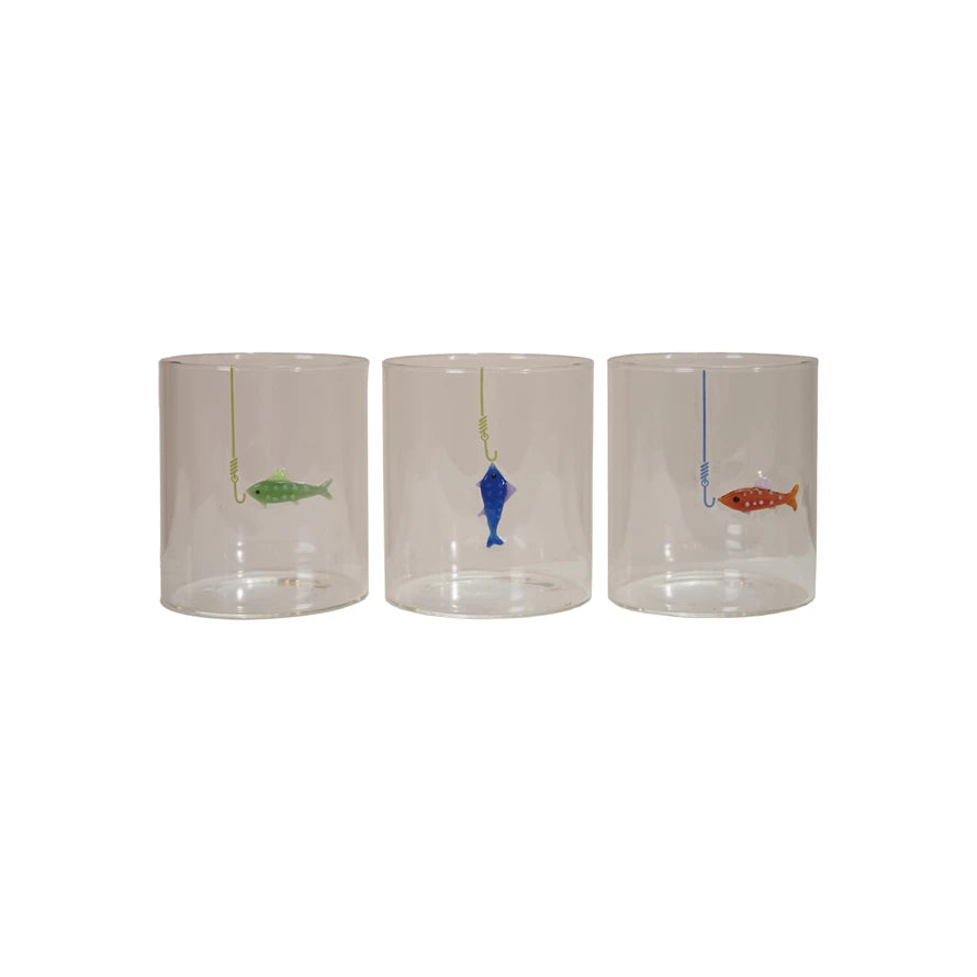 12 oz. Hand-Blown Drinking Glass with Fish On Hook, 5 Styles