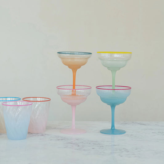 4 oz. Fluted Stemmed Coupe Glass with Colored Rim, 4 Ombre Colors