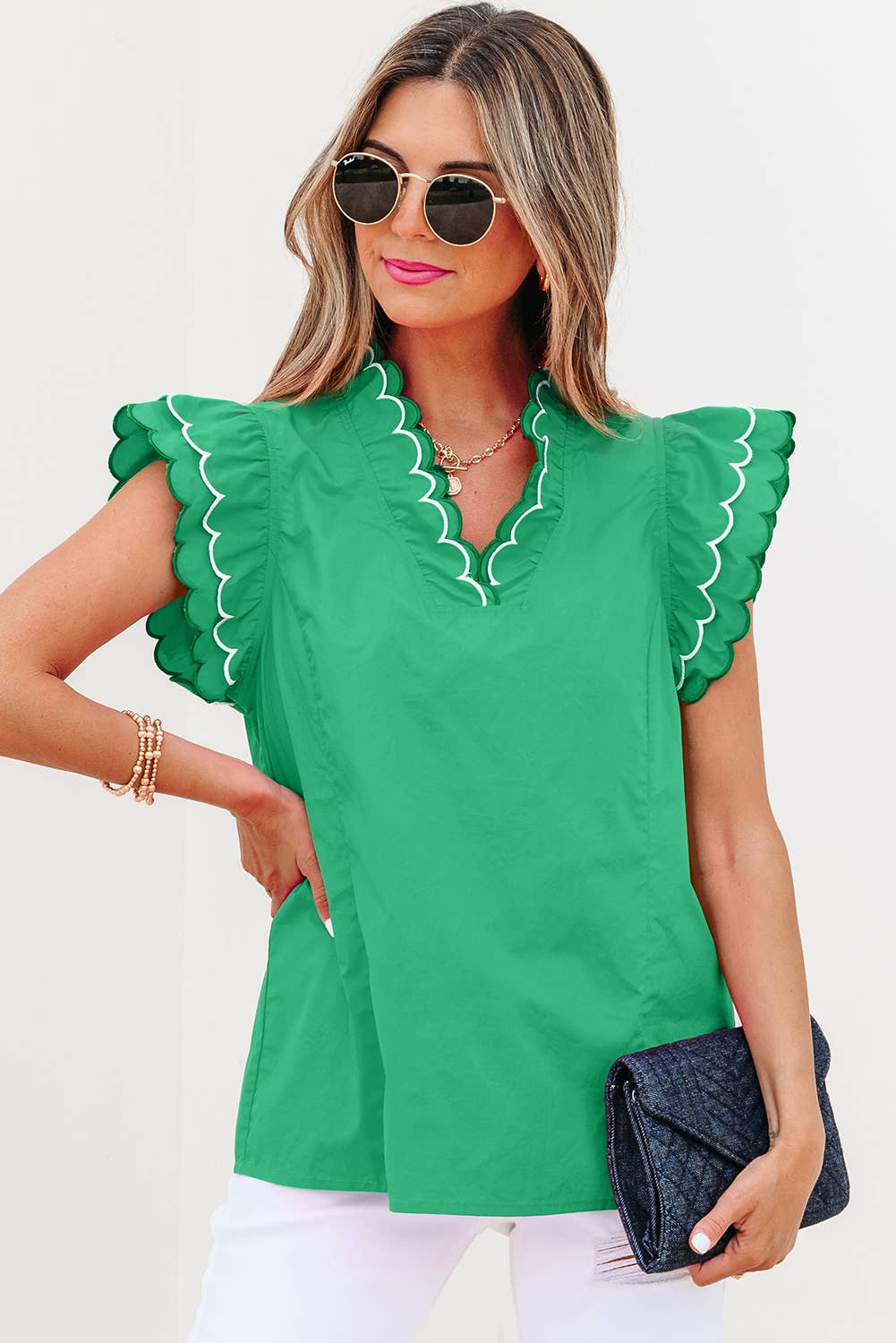 Contrast Scallop Trim Layered Short Sleeve Blouse