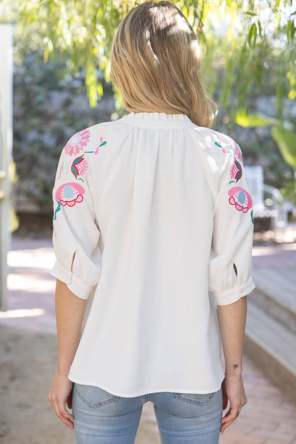 Embroidered Puff Sleeve Waffle Top