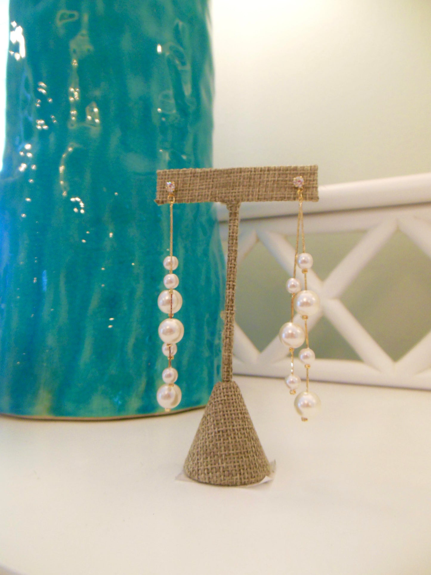 Pearl Drop Earrings w/ Stone Studs