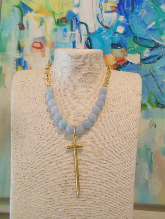 Gold Cross Chain Necklace w/ Blue Accent Beads