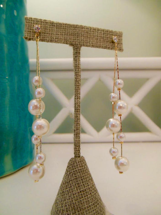 Pearl Drop Earrings w/ Stone Studs