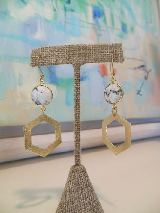 White Marble Gold Drop Hexagon Earrings by LUSH