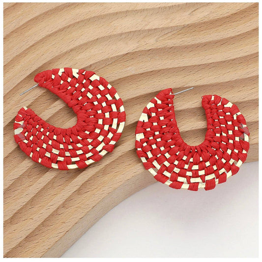 Red + Gold Raffia Wrapped Hoop Earrings | Raffia Hoop