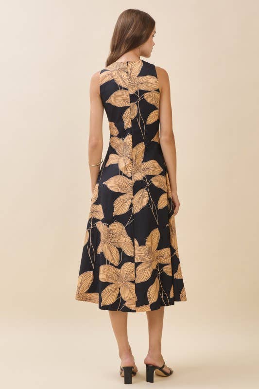 Bold Floral Crew Neck Midi Dress
