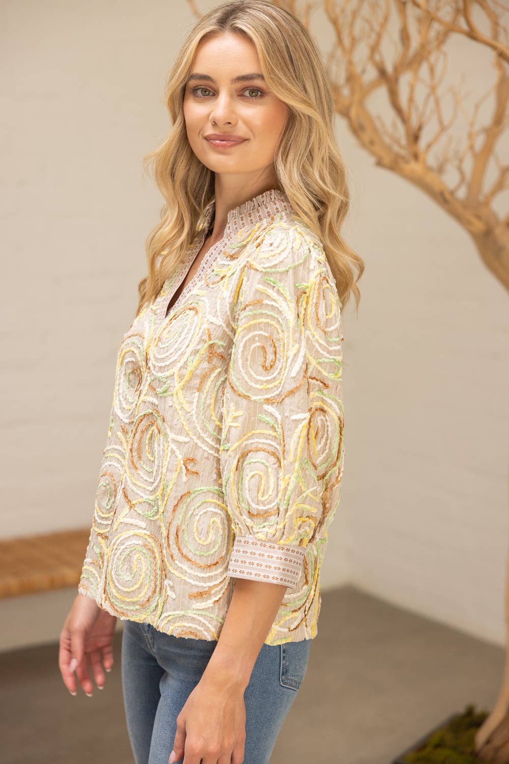 Brown Contrast Embroidery Top