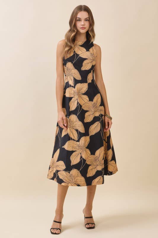 Bold Floral Crew Neck Midi Dress