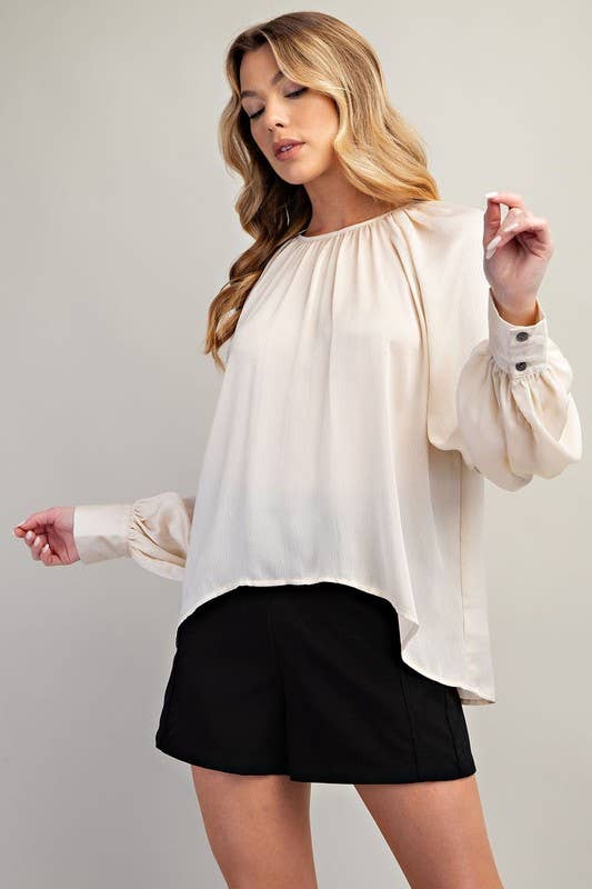Shirred Neck High Low Blouse