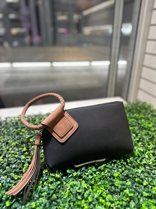 Faux Suede Cuff Handle Tassel Wristlet/Clutch