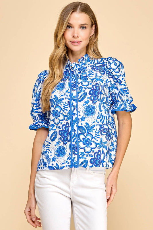 Floral Print Mock Button Down