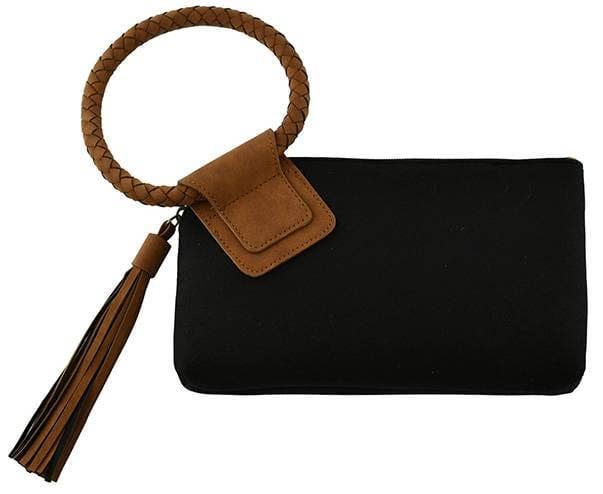 Faux Suede Cuff Handle Tassel Wristlet/Clutch