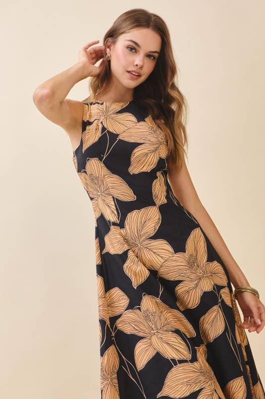 Bold Floral Crew Neck Midi Dress