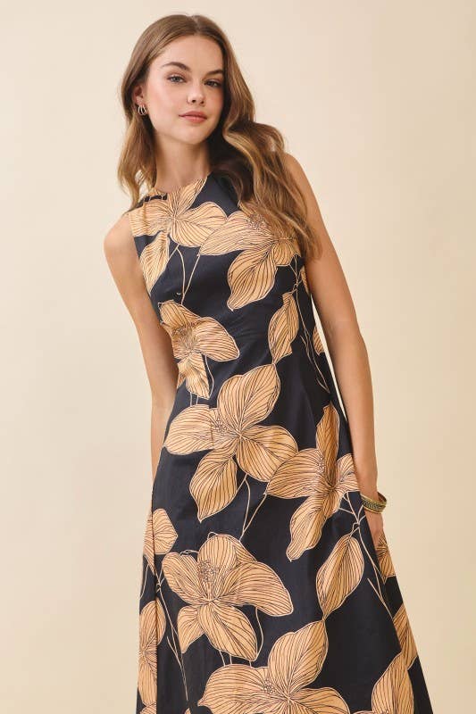Bold Floral Crew Neck Midi Dress