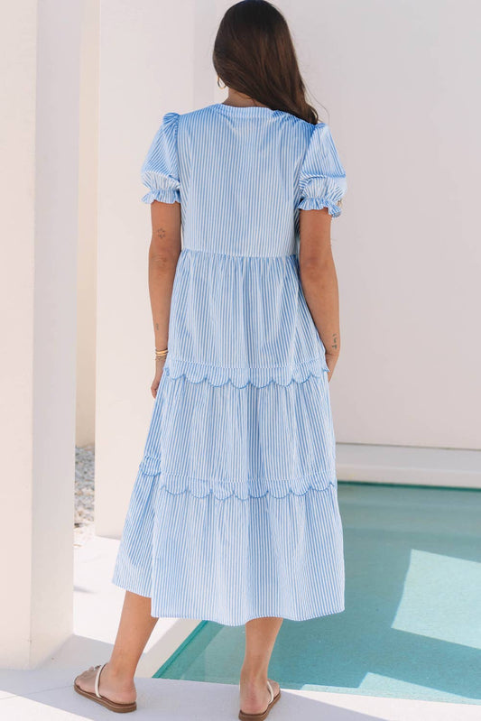 Stripe Puff Sleeve Summer Maxi Dress